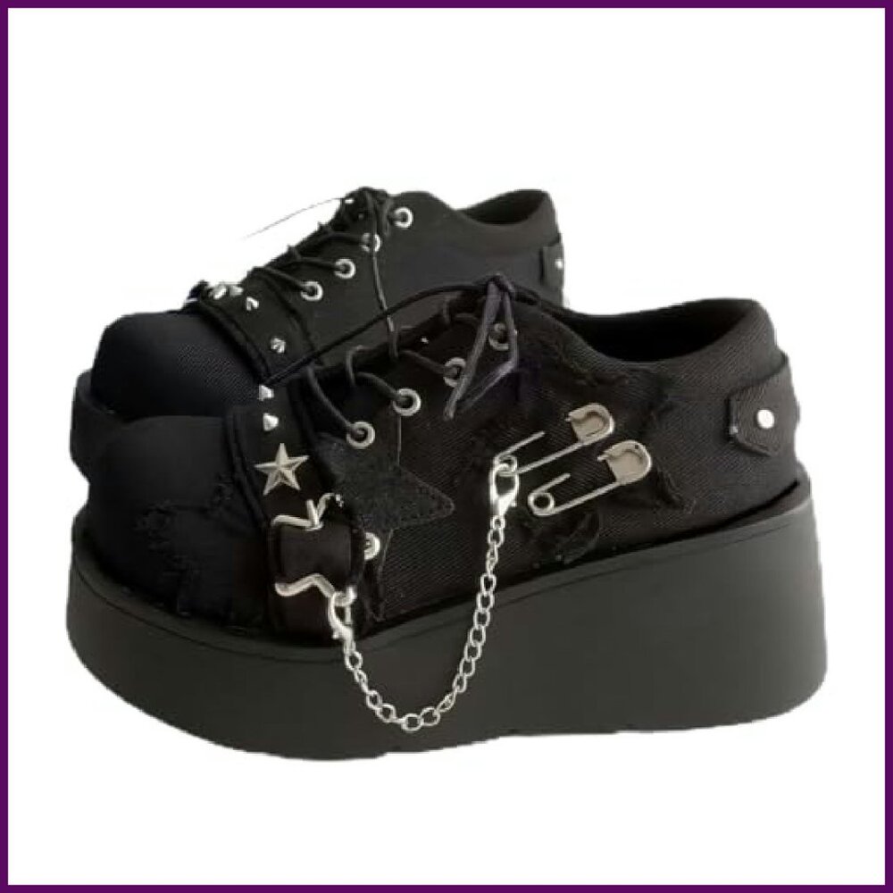 Denim Wedge Platform Ankle Boots Lace Up Chain Gothic Punk Party - Picture 2 of 8